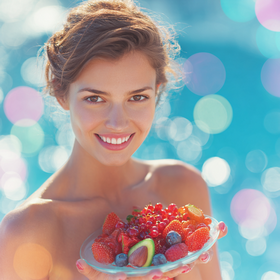 "Una mujer sonriente y con piel radiante sostiene un plato de frutas rojas y antioxidantes (fresas, arándanos, frambuesas) con un trozo de aguacate, en un entorno de verano junto al agua. La imagen transmite bienestar, nutrición y salud para una piel luminosa