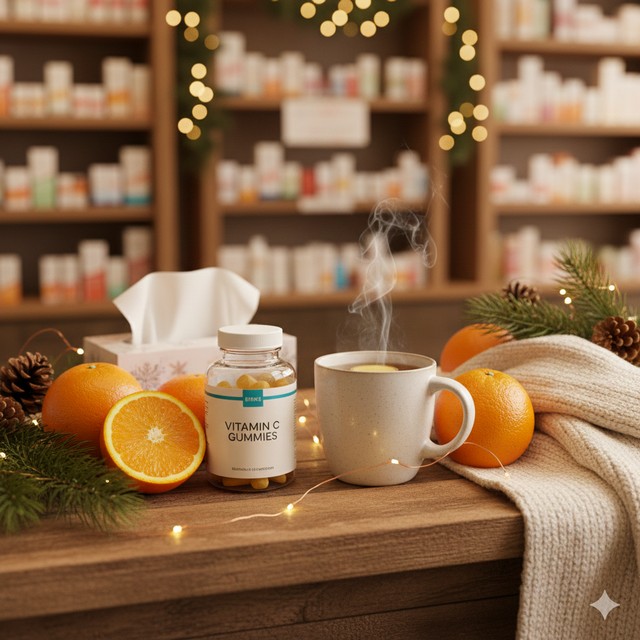 Productos naturales (té, miel, Vitamina C) en mostrador navideño de farmacia. Consejos de salud para invierno.